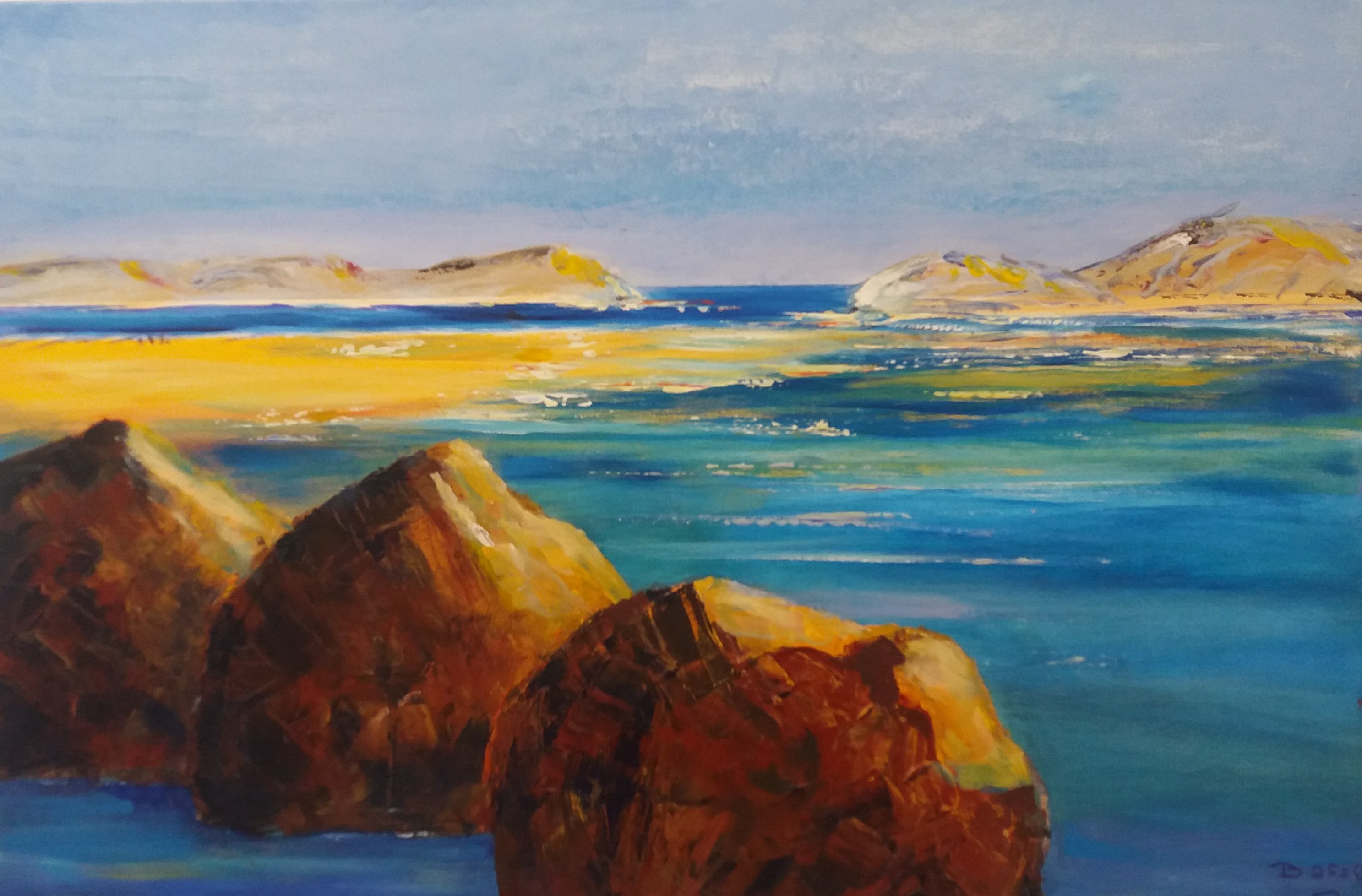 1.	Hikurangi 2017 acrylic on canvas 60 x 91 cm. An ocean scape, with three large boulders in the foreground and yellow-ochre sand dunes in the distance.